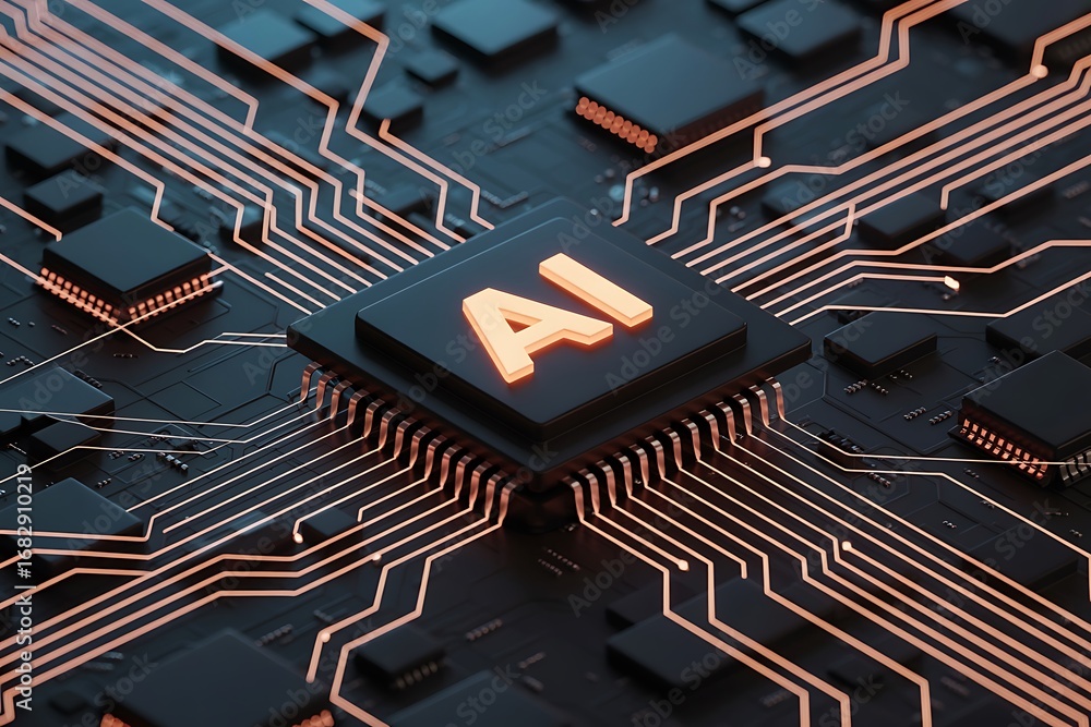 Poster ai computer chip with orange glowing circuit board pathways artificial intelligence