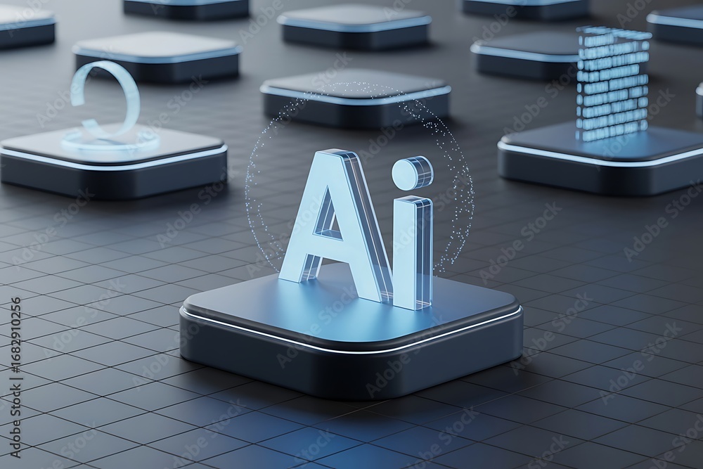 Poster ai symbol with data blocks and futuristic grid background artificial intelligence