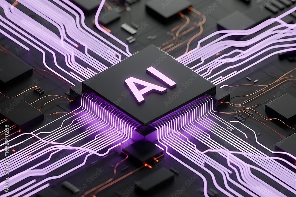 Poster ai processor on a circuit board with vibrant purple glowing lines artificial intelligence