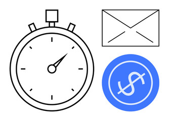 Stopwatch with precise marks, envelope for communication, and dollar sign icon highlight time, money, and correspondence. Ideal for productivity, efficiency, finance, messaging business planning