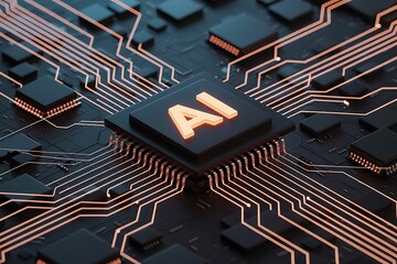 AI computer chip with orange glowing circuit board pathways artificial intelligence