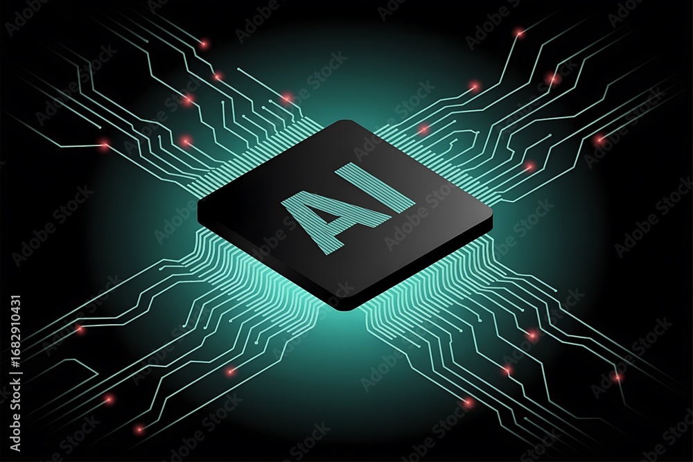 Poster futuristic ai microchip with glowing circuitry and data connections artificial intelligence
