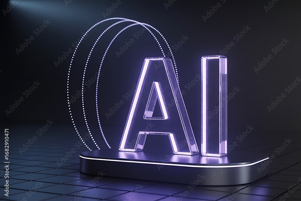 Poster glowing ai text on pedestal with light ring and dark background artificial intelligence