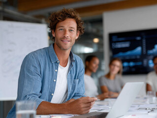 Creative manager smiling during business meeting in modern office