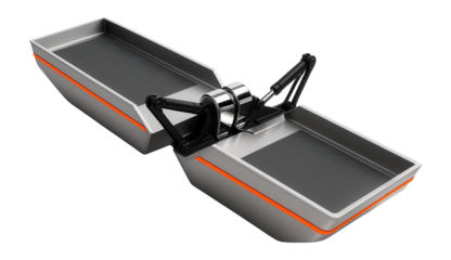 Split-hull barge with central hinge and hydraulic opening mechanism