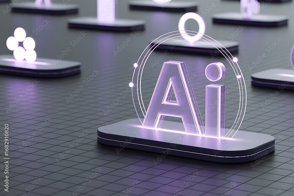 Poster multiple glowing ai icons on pedestals in a grid pattern artificial intelligence