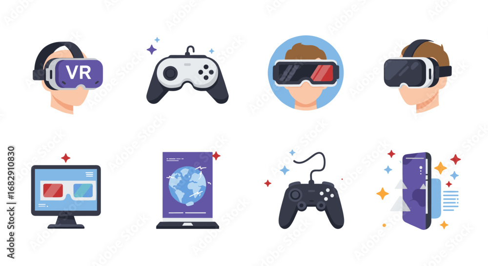 Aufkleber flat style virtual reality and gaming elements set with headsets and controllers