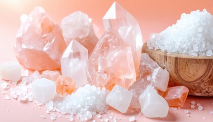 A softly lit collection of rose quartz crystals & coarse salt in a wooden bowl against a peach background. Crystals vary in size and shape