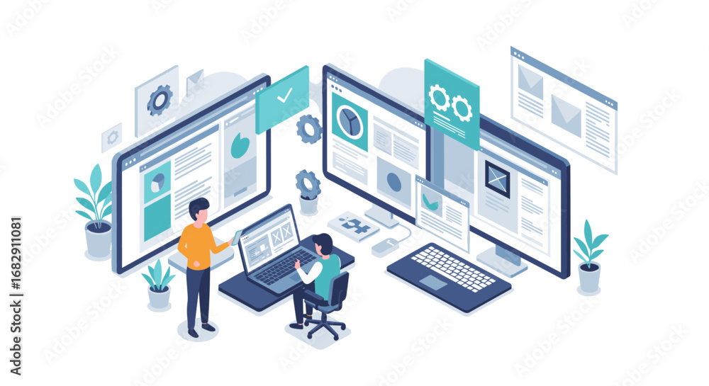 Poster team collaboration in a modern office with multiple screens and digital workflow