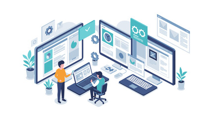 Team collaboration in a modern office with multiple screens and digital workflow