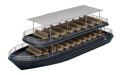 Double-deck sightseeing ship with seating area and shaded canopies