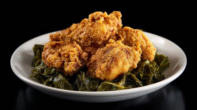 Crispy Southern fried chicken atop a bed of tender collard greens, evoking Juneteenth soul food celebrations and nostalgic comfort