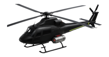 Black firefighting helicopter with a compact water tank and reinforced rotor blades