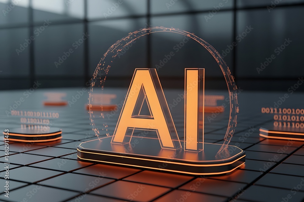 Poster orange ai logo with binary code and futuristic platform artificial intelligence