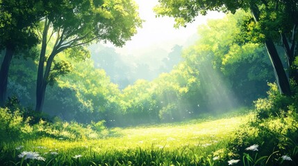 Fototapeta premium A vibrant, sunlit forest glade filled with lush greenery and gentle sunlight filtering through the trees.
