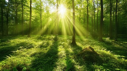 Obraz premium Sunlight streams through a vibrant green forest, illuminating the undergrowth with a serene, natural beauty.