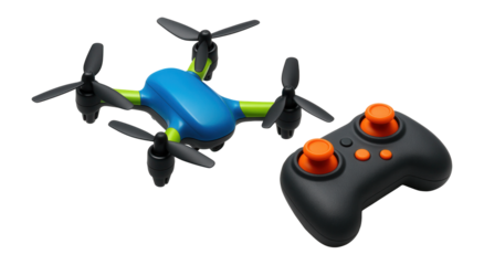 Toy quadcopter with colorful plastic body and simple remote control