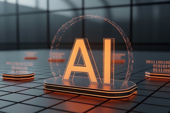 Orange AI Logo with Binary Code and Futuristic Platform artificial intelligence