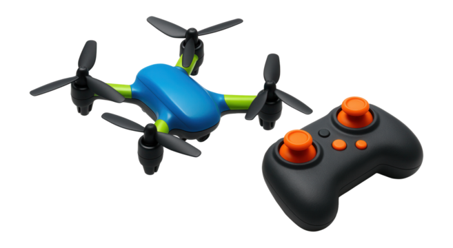 Toy quadcopter with colorful plastic body and simple remote control