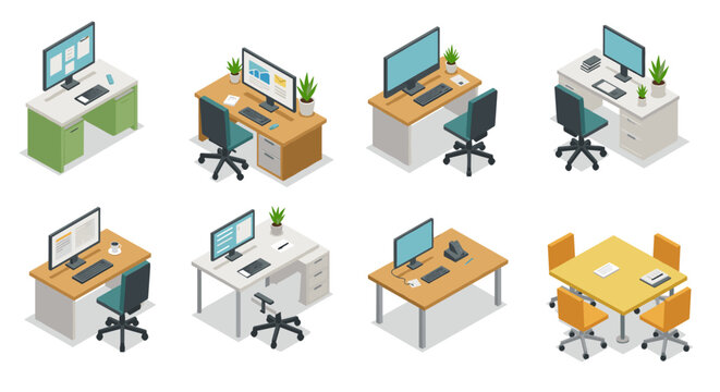 Modern office desk setups in isometric style featuring computers and furniture