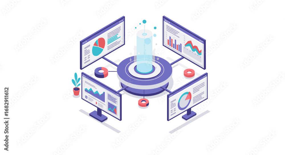 Poster isometric data analysis concept with digital dashboard and graphs