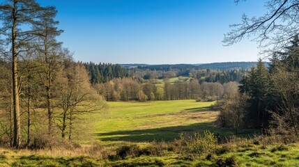 Fototapeta premium Panoramic vista of a springtime meadow nestled between woodlands under a vibrant blue sky.