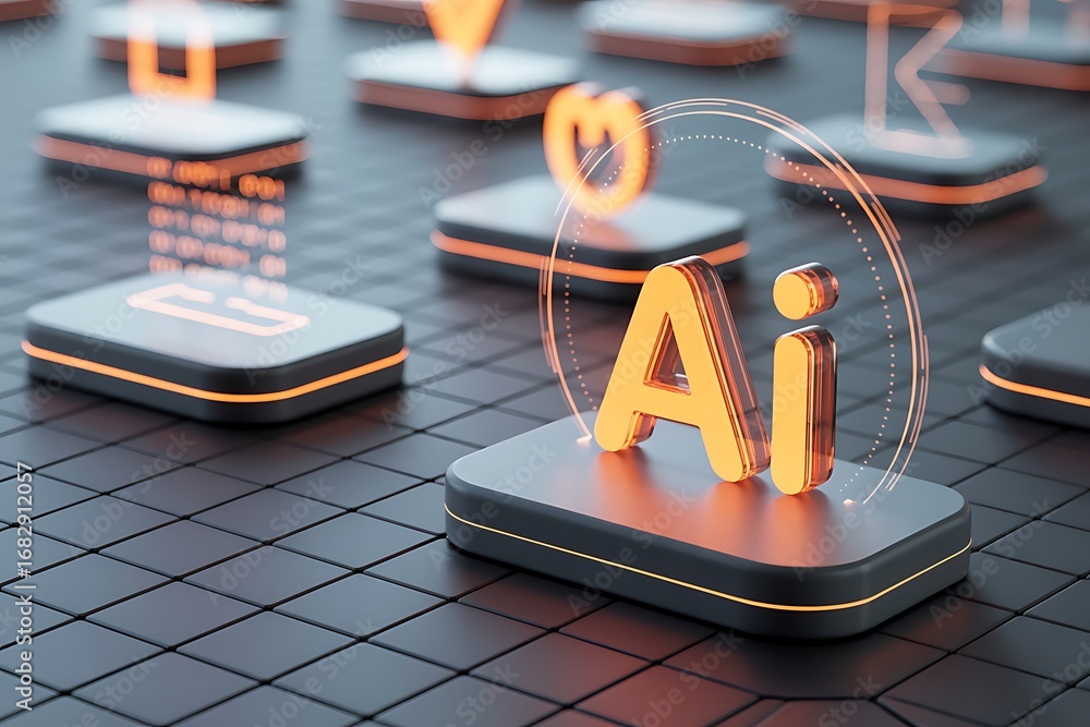 Poster orange ai symbol with data streams and futuristic grid artificial intelligence technology