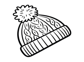 Winter knitted beanie hat with pom pom, cable knit pattern, warm wool accessory, cozy headwear, fashion vector sketch, CAD drawing illustration