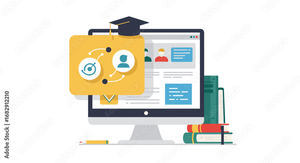 Poster online education concept with computer displaying digital learning tools and icons