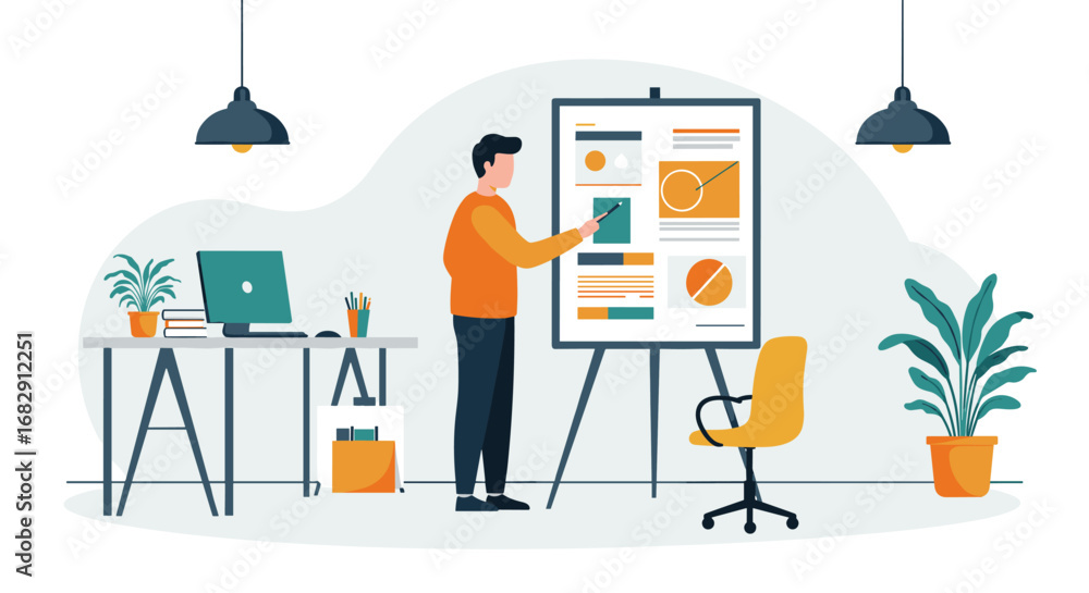 Poster business presentation in modern office setting with charts and graphs