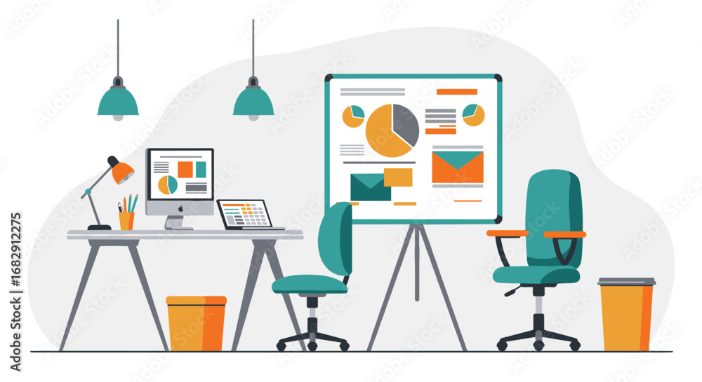 Poster modern office workspace with graph presentation in flat design