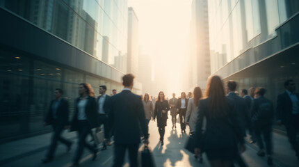 motion blur image of business people crowd walking at corporate office in city downtown