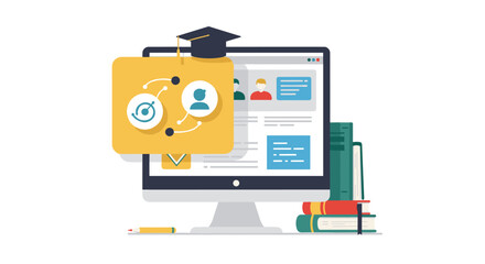 Online education concept with computer displaying digital learning tools and icons