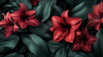 Obraz premium Beautiful red amaryllis flowers blooming with lush green leaves picture