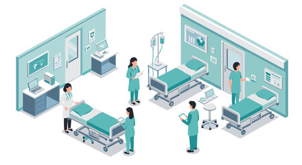 Modern hospital room isometric design with medical staff and equipment