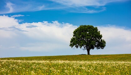 Lone tree on a flowered field under a blue sky