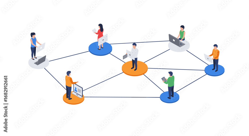 Poster collaborative network with diverse characters in isometric style