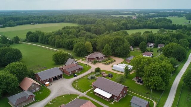 flight over and aerial panoramic view of green village with houses, homestead, barns, greenhouses and gravel road