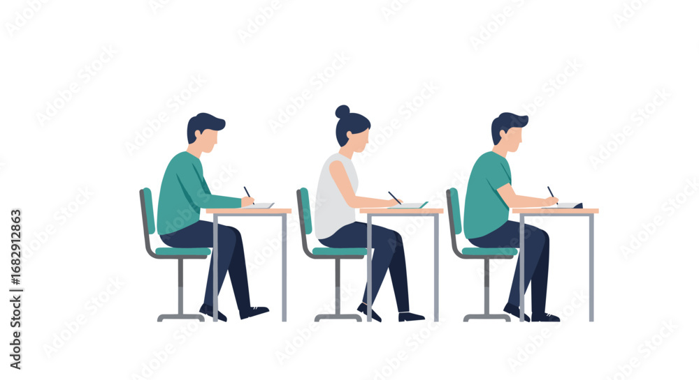 Aufkleber flat style students studying in classroom seated at desks in a row