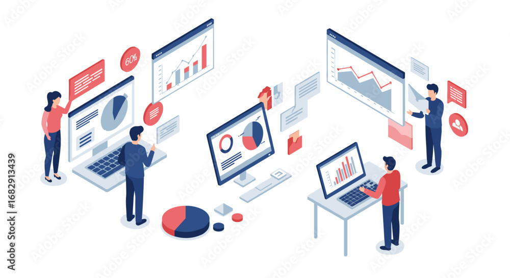 Poster isometric business analytics with team analyzing data and graphs