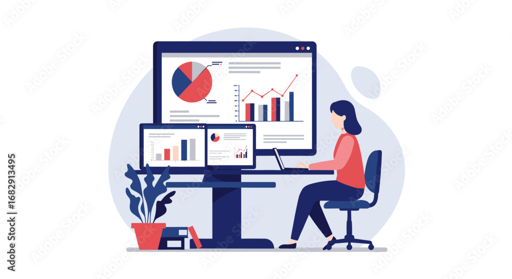 Poster data analysis workspace with charts and graphs on multiple screens in flat design