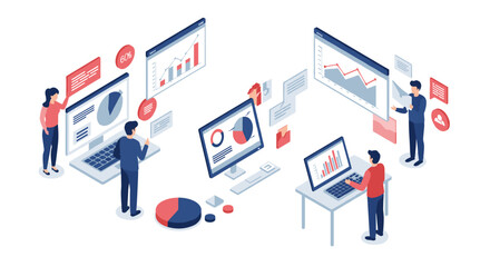 Isometric business analytics with team analyzing data and graphs