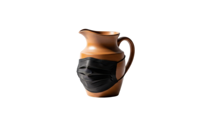 Ceramic pitcher wears face mask for protection. Safety measures, healthcare, pandemic prevention, health crisis.