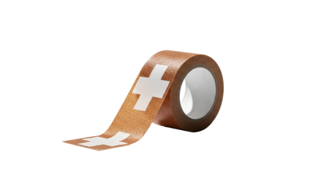 Roll of tape with plus sign displayed. Medical tape, wound care, healthcare, bandage, first aid