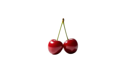 Two ripe cherries hang from a stem. Summer fruit, healthy snack, fresh produce, sweet treat