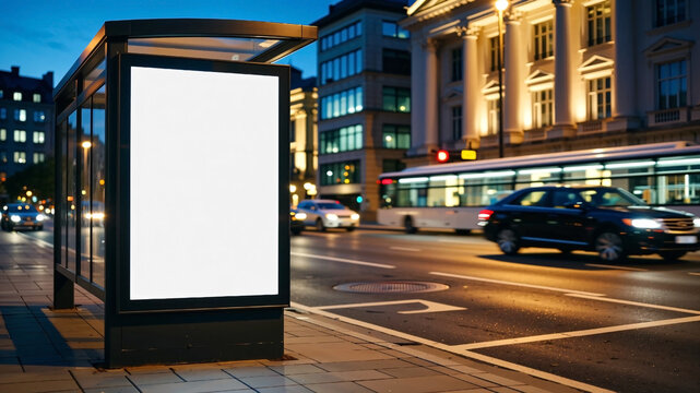 Blank white vertical digital billboard poster on city street bus stop sign at night. Street advertising bus stop mockup
