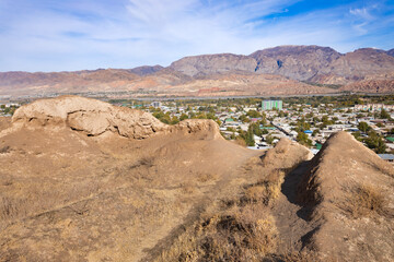 Ancient Penjikent ruins aerial panoramic view, Tajikistan