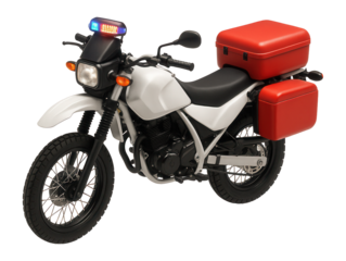 Paramedic motorcycle with side-mounted medical kit and flashing lights