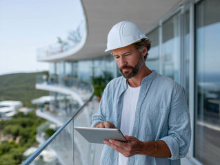 Architect using digital tablet on modern building balcony inspecting construction