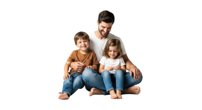 Father sits with children smiling and relaxed. Family bond, love, and care with kids together. - Powered by Adobe